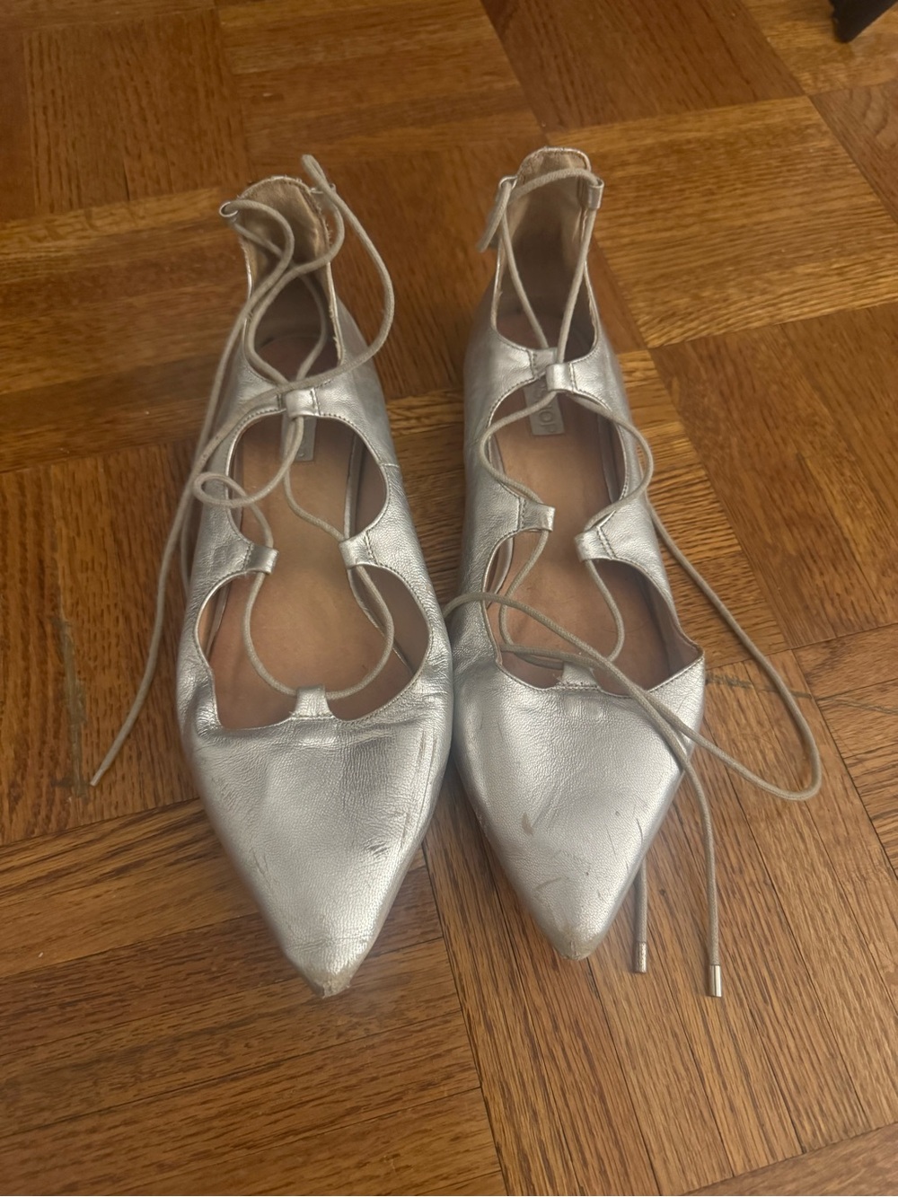 Topshop Silver Leather Pointed Lace-Up Women's Flats